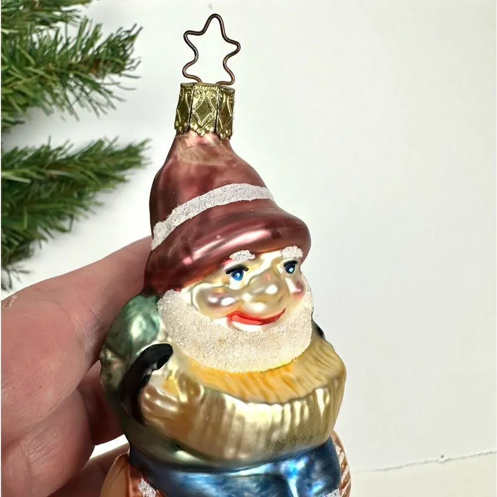 INGE GLAS Germany Glass Christmas Ornament Gnome On Log Playing Accordion